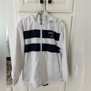 Bar Harbor Hooded Rain Jacket - White & Navy Stripes
Size S.